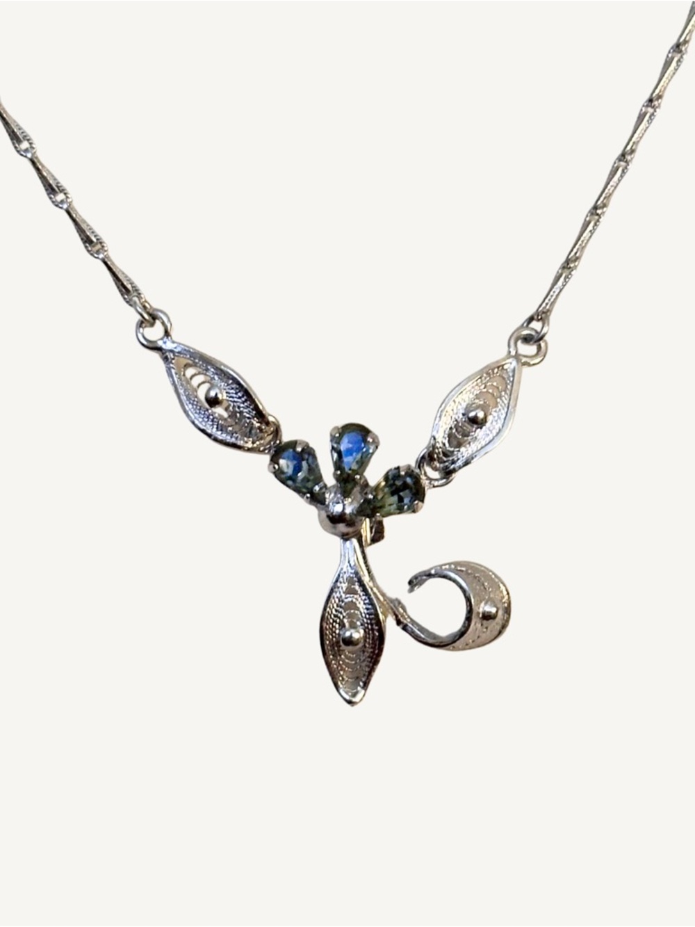 Natural Topaz Gemstone Filigree Estate Sterling Silver Drop Necklace